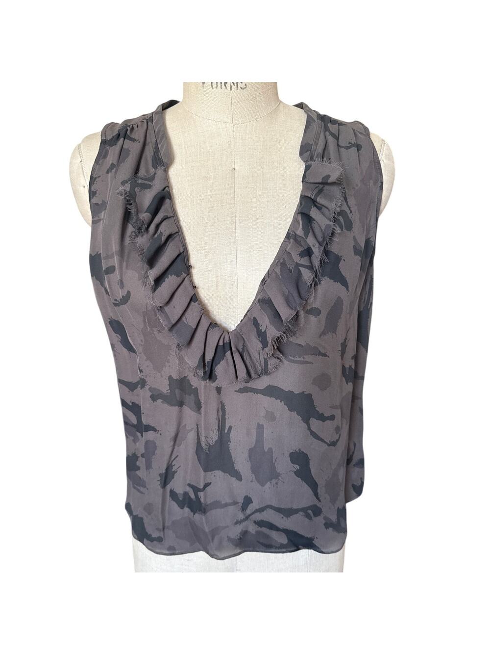 L'AGENCE Silk Camo Ruffle Neck Blouse Tank Size Small